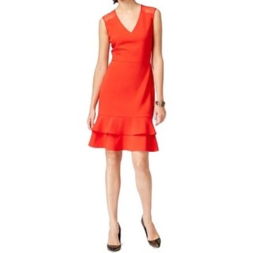 Anne Klein Ruffle Hem Mesh V-Neck Red Dress SZ 12